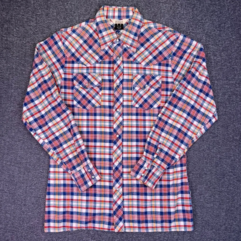 VTG 70s Levis Western Shirt Mens XL Plaid Snap‎ Sportswear Retro Big E White Tab